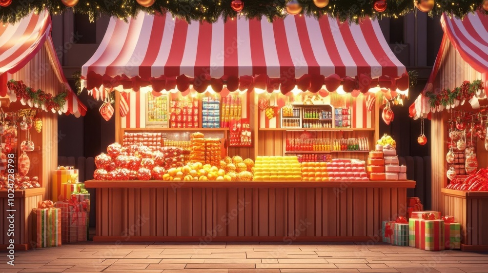 Christmas market stalls, festive holiday shopping, seamless pattern, 3D illustration, Christmas market stalls, festive holiday shopping, seamless pattern, 3D illustration,