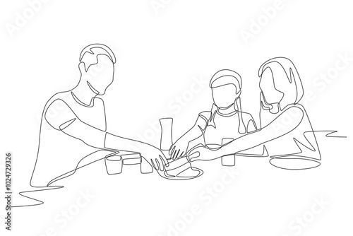 Family picking up food at dinner. Family dinner concept one-line drawing