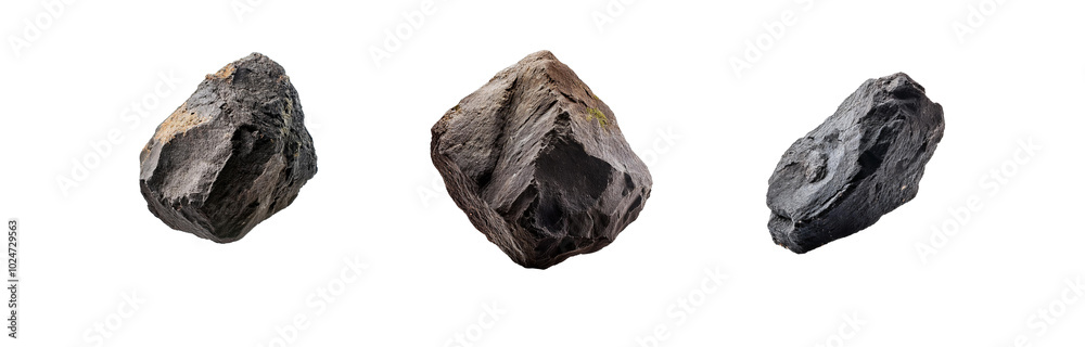 Three isolated, dark grey, rocky stones with rough textures on a white background. Three isolated, dark grey, rocky stones with rough textures on a white background.