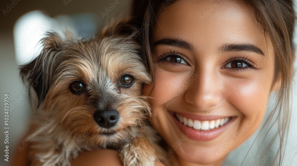 Happy young woman smiling and holding her small dog Happy young woman smiling and holding her small dog