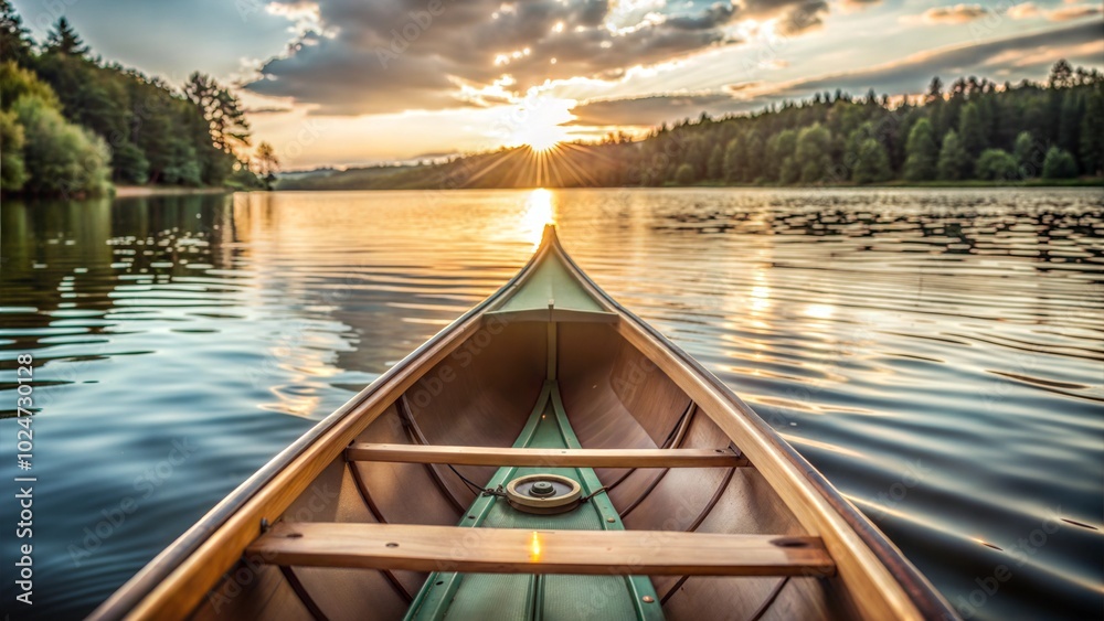 Fototapeta premium Bow of a Canoe on a Tranquil Lake at Sunset
