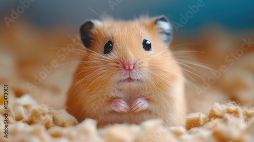 Cute hamster sitting in wood shavings looking forward