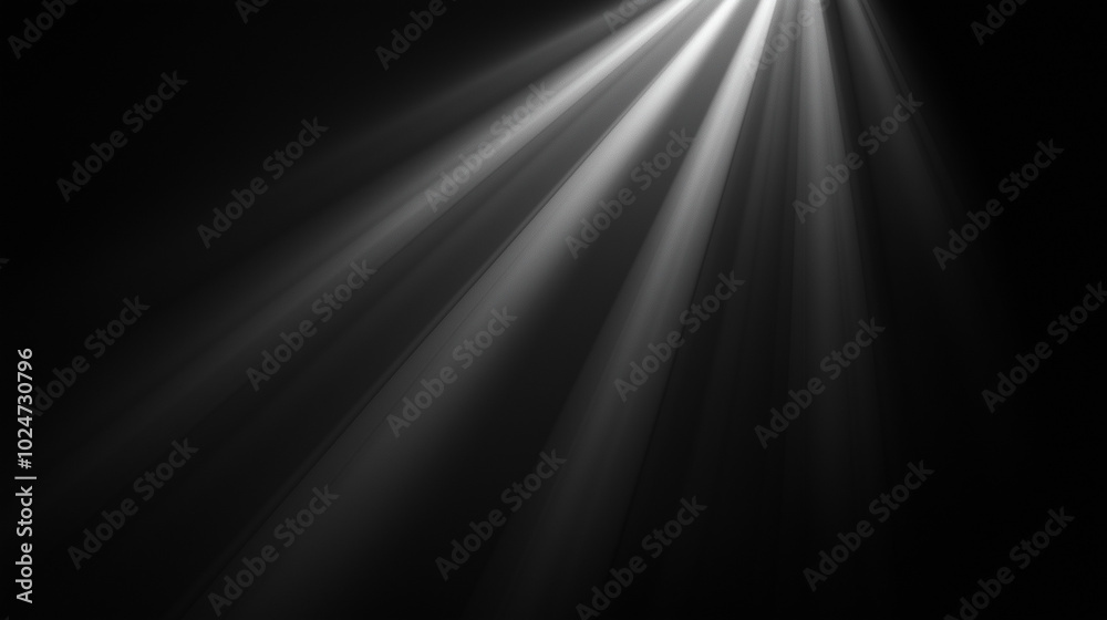 White light beam on a black background, with light from the side, a spotlight, and light streaks and rays