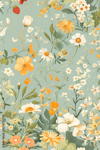 Seamless Vintage Floral Pattern with Wildflowers