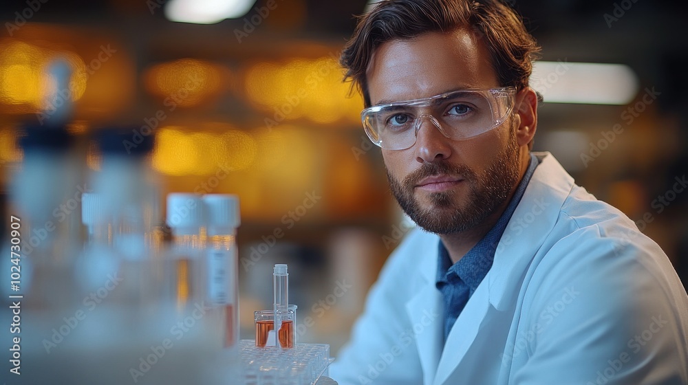 Scientist in a lab coat examines samples in a laboratory setting. Scientist in a lab coat examines samples in a laboratory setting.