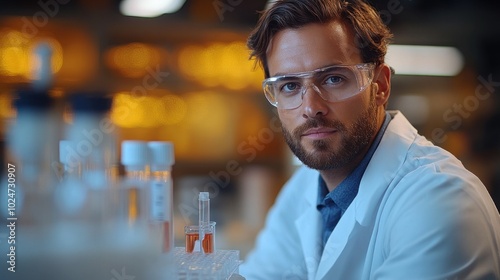 Scientist in a lab coat examines samples in a laboratory setting.