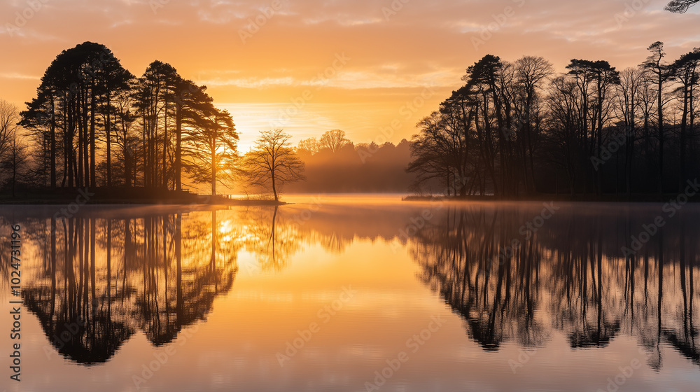 Obraz premium Sunrise Over a Tranquil Lake with Silhouetted Trees