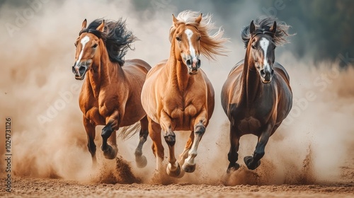 Three horses running fast and creating dust cloud