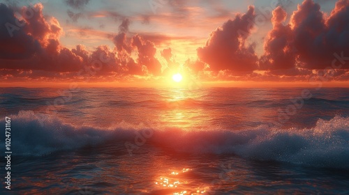 Serene sunset over ocean waves, creating a tranquil atmosphere.