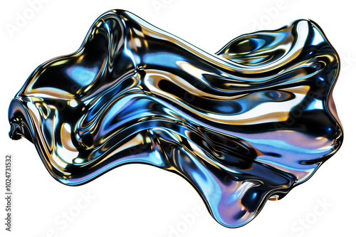 Isolated Abstract melted liquid chrome metal in organic shapes, Wavy molten gloss aluminium , cutout isolated on transparent background, ready for placement.	 photo