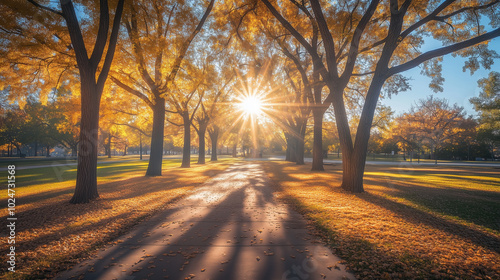 Autumn Park with Sunlight Streaming Through the Trees