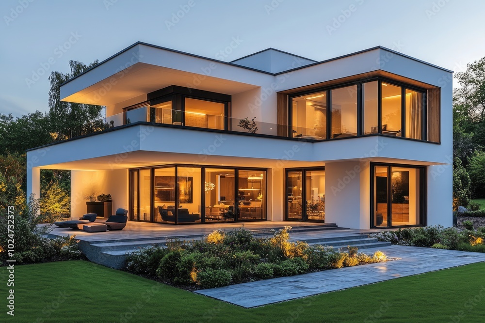 Modern white cube house with glowing windows at dusk showing interior