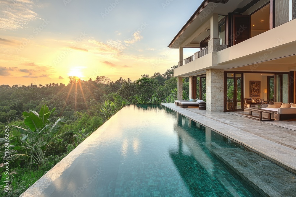 Fototapeta premium Luxurious infinity pool overlooking tropical rainforest in modern villa