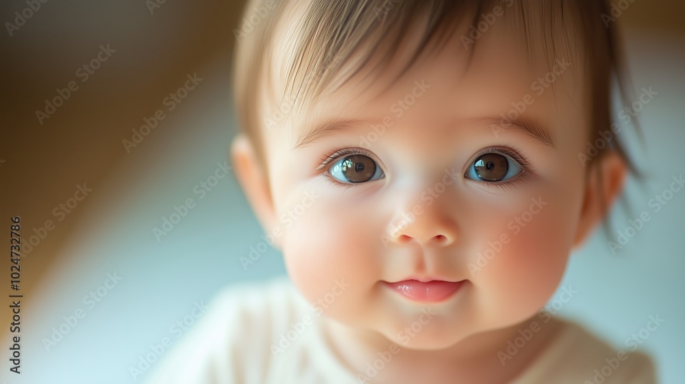 Happy baby smiling against a warm, golden bokeh background, creating a soft and joyful atmosphere. Happy baby smiling against a warm, golden bokeh background, creating a soft and joyful atmosphere.