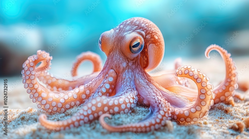 Obraz premium Curious young octopus resting on ocean floor
