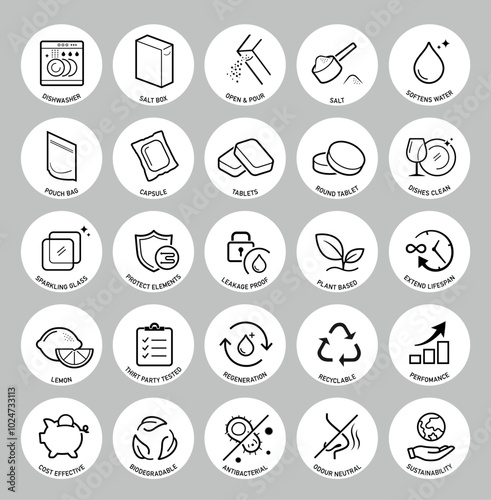 Set icons for automatic dishwashing. The outline icons are well scalable and editable. Contrasting vector elements are good for different backgrounds. EPS10.	