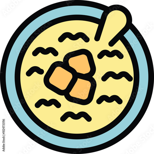 This icon of a bowl filled with baby food features waves of pureed food and three chunks of soft food, perfect for illustrating feeding a toddler