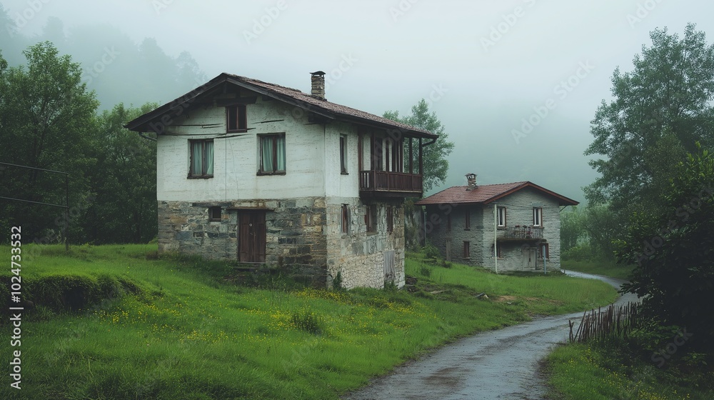 Foggy Village Scene with Rustic Houses and Greenery Foggy Village Scene with Rustic Houses and Greenery