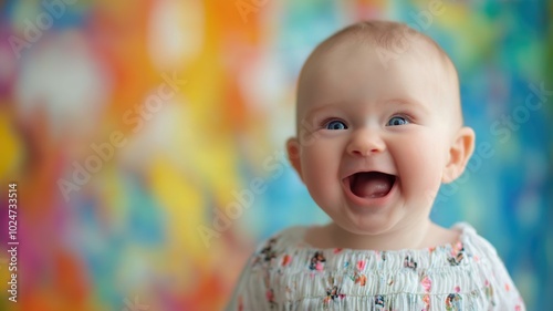 Joyful baby laughing against a vibrant, colorful bokeh background, capturing a playful and cheerful mood with bright lighting.