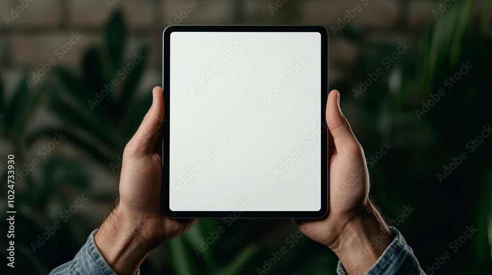 man in a denim jacket holding black tablet mockup with white blank screen, brick green plants wall background man in a denim jacket holding black tablet mockup with white blank screen, brick green plants wall background