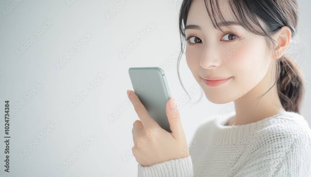 A closeup of a beautiful Japanese woman holding her phone A closeup of a beautiful Japanese woman holding her phone