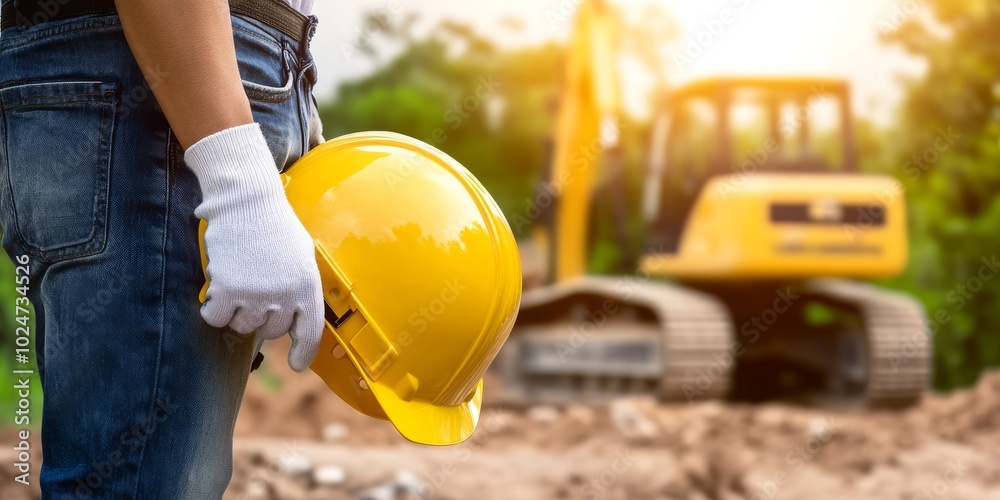 Worker Holding Open Construction Helmet With Heavy Machinery Worker Holding Open Construction Helmet With Heavy Machinery