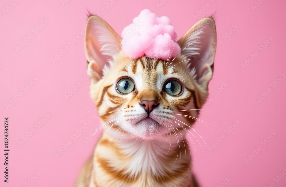 Cute kitten with candy floss on its head against a pink backdrop indoors Cute kitten with candy floss on its head against a pink backdrop indoors