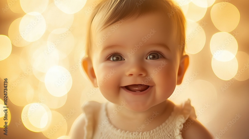 Happy baby smiling against a warm, golden bokeh background, creating a soft and joyful atmosphere. Happy baby smiling against a warm, golden bokeh background, creating a soft and joyful atmosphere.