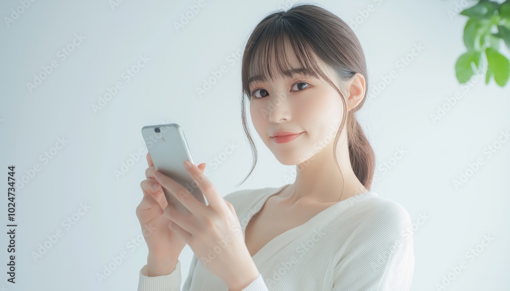 A closeup of a beautiful Asian woman with a smartphone A closeup of a beautiful Asian woman with a smartphone
