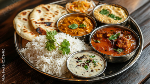 Photo of Indian tali with different curries, rice and naan bread
