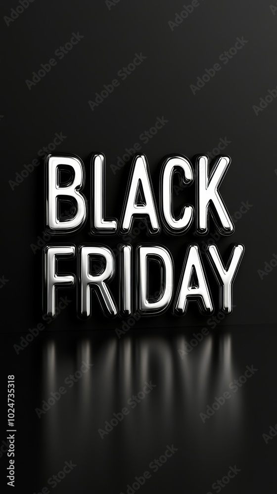 BLACK FRIDAY, silver, shiny text. Bold clean white font, on dark background. Sale. Commerce. Advertising. Promotion. Marketing.