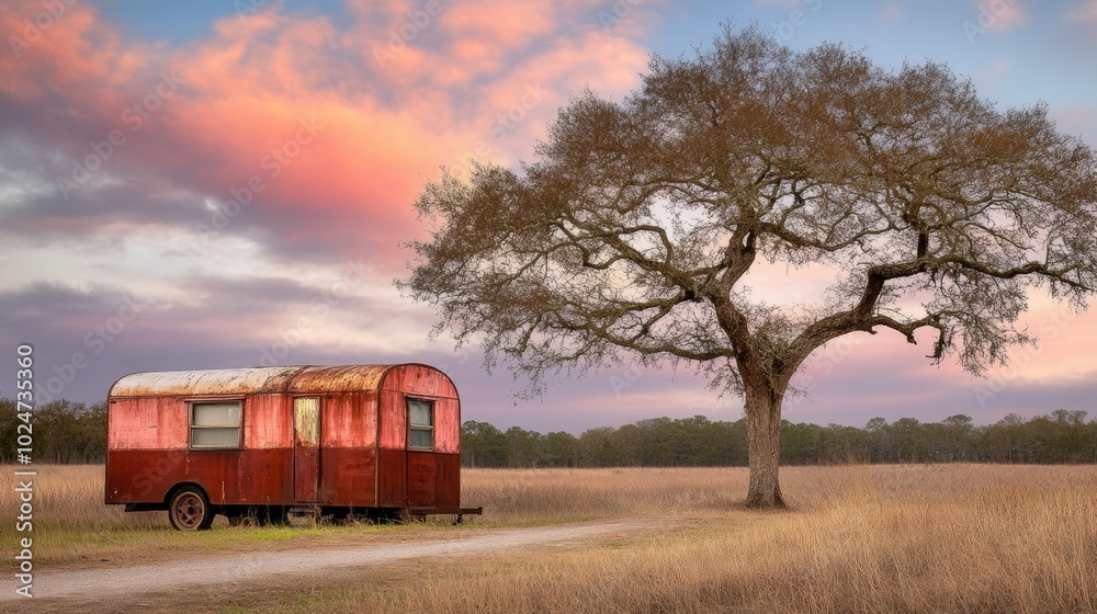 Worn-Out Trailer On Empty Road With Barren Trees Worn-Out Trailer On Empty Road With Barren Trees