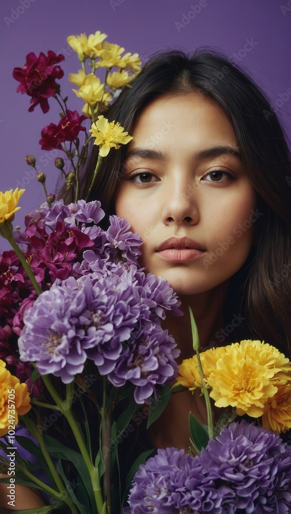 Woman is holding a bouquet of flowers