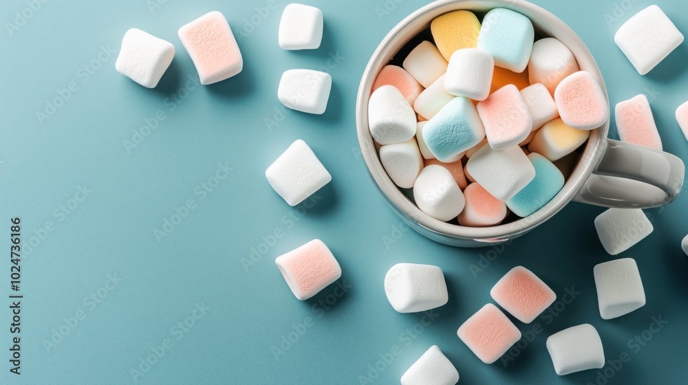 Colorful marshmallows scattered around and inside a white mug on a blue background, showcasing a variety of pastel colors in a playful, casual arrangement.