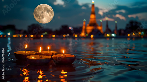 floating lotus shaped lanterns candles tranquil water surface in Loy Kratong festival in Thailand with full moon night casts gentle glow in background, celebration tradition spirituality river culture photo