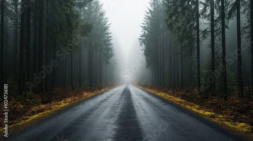 A Misty Forest Road Leading Through Tall Trees