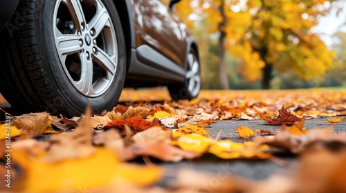 Wallpaper Mural Close-up view of a car tire on a road covered with autumn leaves. The focus is on the tire and nearby leaves, with a blurred background of trees in fall foliage. Torontodigital.ca