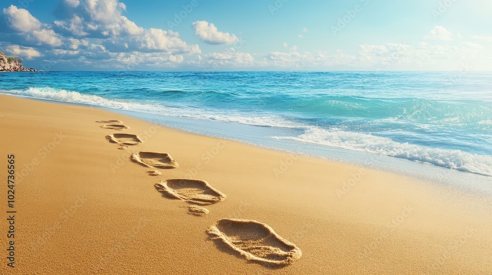 Footprints Leading Towards a Sunny Beach and Blue Ocean Footprints Leading Towards a Sunny Beach and Blue Ocean