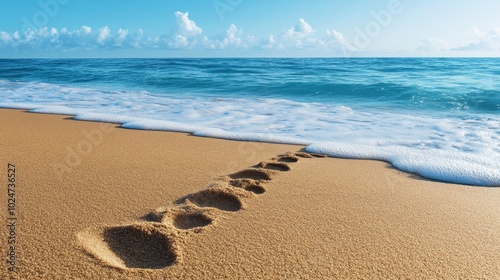 Footprints in the Sand Leading to the Ocean