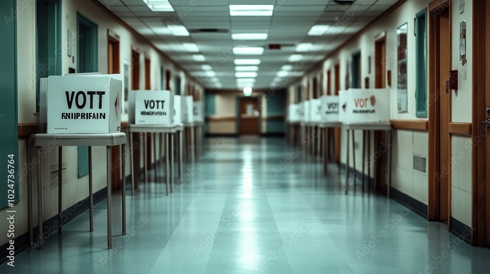 Fototapeta premium Long hallway lined with voting booths and tables in an indoor setting with ceiling lights