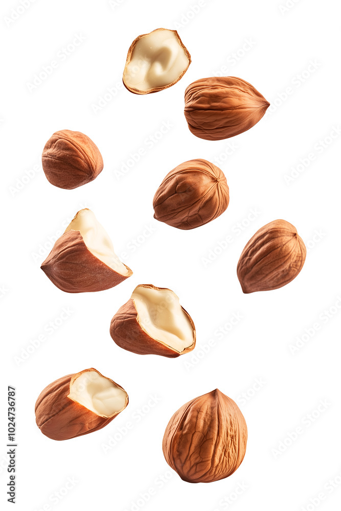 Flying falling hazelnuts isolated on transparent or white background, png Flying falling hazelnuts isolated on transparent or white background, png