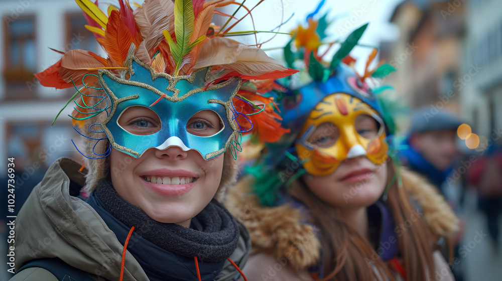 Two people wearing colorful feathered masks at a festival. Two people wearing colorful feathered masks at a festival.