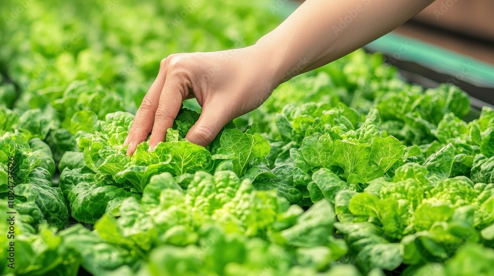 Hand Reaching for Fresh Green Lettuce in a Garden Hand Reaching for Fresh Green Lettuce in a Garden