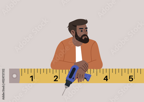 A bearded man, lost in thought, measures materials with a tape measure, holding a drill in his hand, He appears ready to embark on his next creative home project in a cozy workshop setting