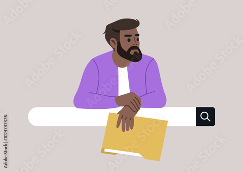 A bearded man sits pensively by a search bar, lost in thought as he holds a folder, embodying the pursuit of knowledge in a calm and introspective atmosphere perfect for brainstorming