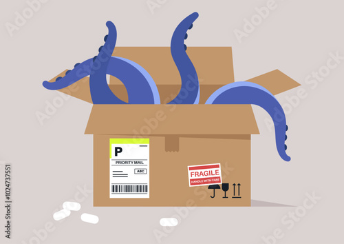 Special delivery, Colorful octopus tentacles playfully spill from an open cardboard box, hinting at a unique courier service that merges the mundane with the extraordinary, bringing a sense of wonder