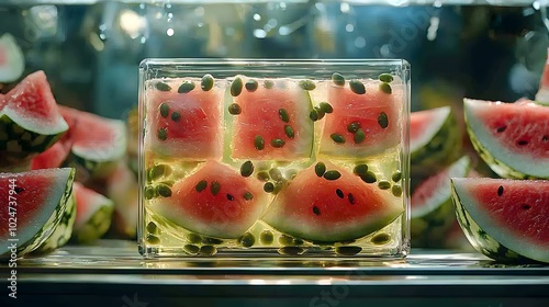 Artistic watermelon display encased in a transparent gelatin block with seeds visible photo