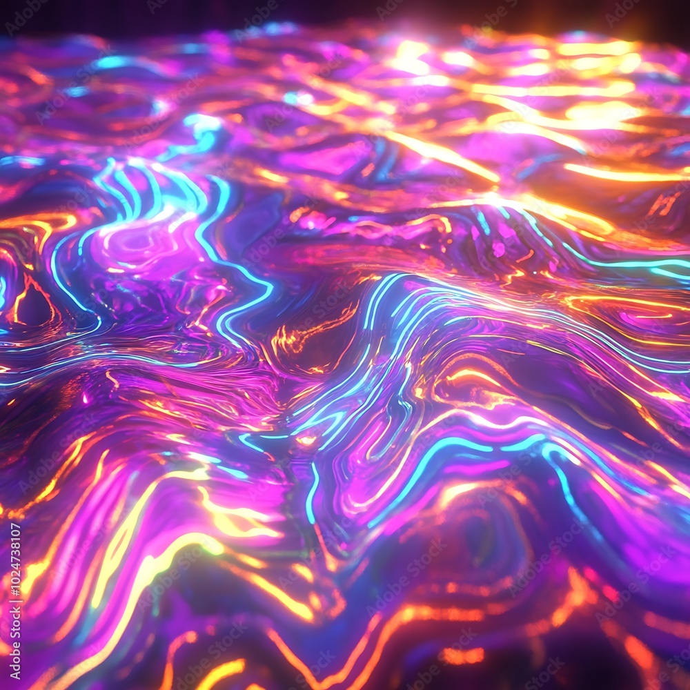 Obraz premium A vibrant, abstract surface with colorful, flowing patterns resembling liquid light.