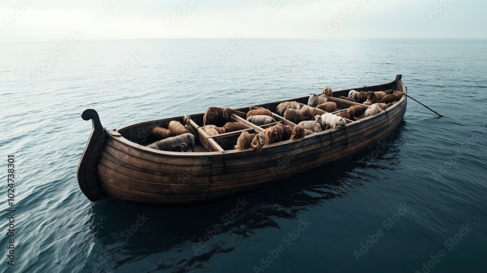 Wooden boat filled with sheep floating on calm open sea under overcast sky Wooden boat filled with sheep floating on calm open sea under overcast sky