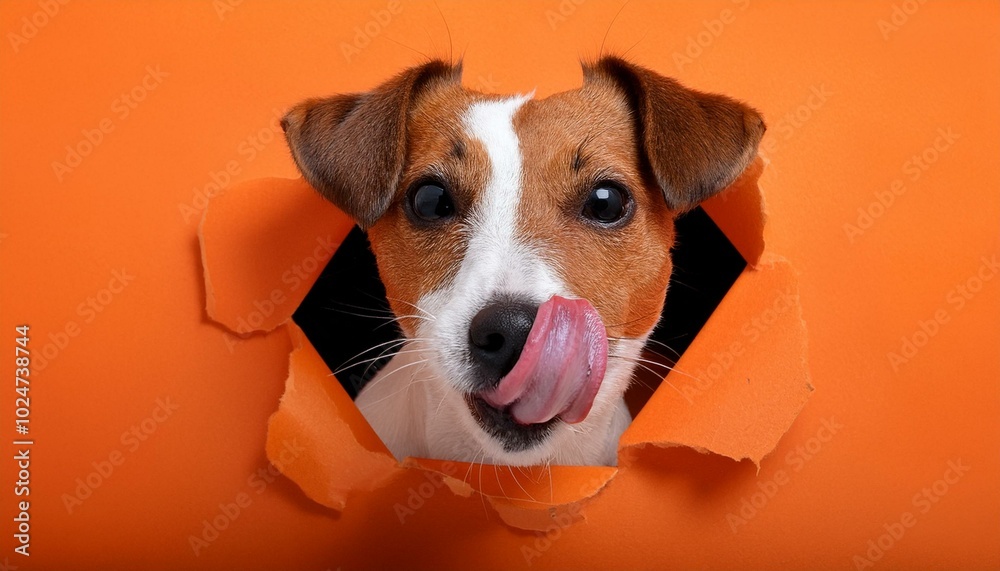 licking dog jack russell terrier broke orange cardboard background with his nose
